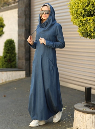 Hooded Denim Modest Dress Dark Blue