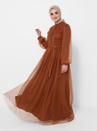Sequin Detailed Tulle Hijab Evening Dress Cinnamon