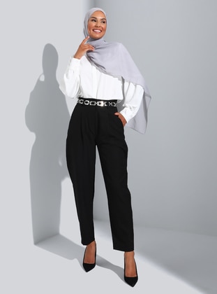 Pile Detaylı Krep Kumaş Klasik Pantolon - Siyah - Refka
