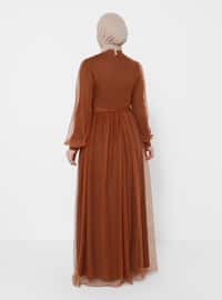 Sequin Detailed Tulle Hijab Evening Dress Cinnamon