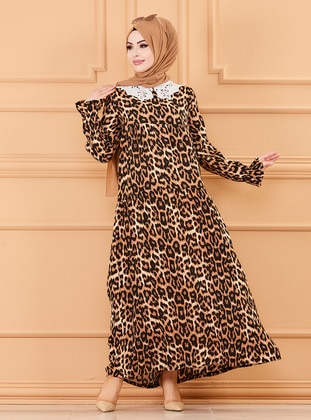 Leopard - Multi - Round Collar - Unlined - Cotton - Modest Dress - Tofisa