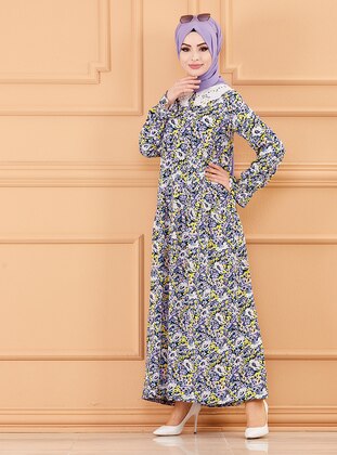 Lilac - Multi - Round Collar - Unlined - Cotton - Modest Dress - Tofisa
