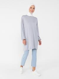 Natural Fabric Tunic With Elastic Sleeve Ends Silver Color Color Melange