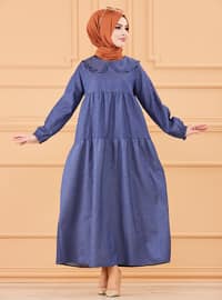 Navy Blue - Round Collar - Unlined - Cotton - Modest Dress