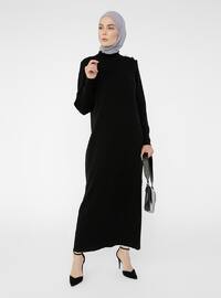 Black - Polo neck - Unlined - Triko - Viscose - Modest Dress