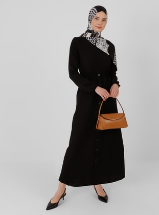 Elastic Waist Button Detailed Modest Dress Black