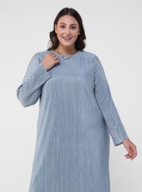Ice Blue - Blue - Fully Lined - Crew neck - Plus Size Dress