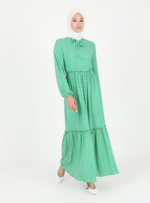 Green - Multi - Crew neck - Unlined - Modest Dress - Ziwoman