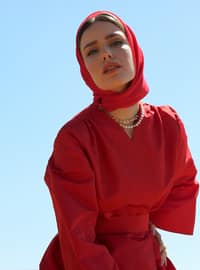 Red - Unlined - V neck Collar - Abaya