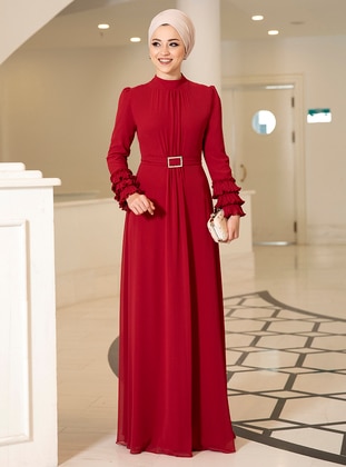 Red - Polo neck - Fully Lined - Modest Dress - DressLife