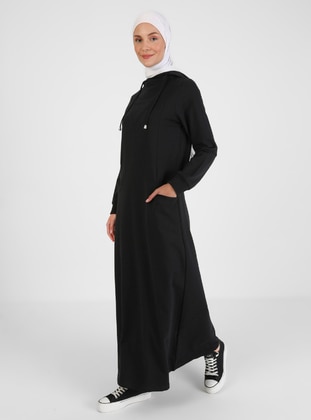 Hooded Pocket Detailed Modest Dress Black