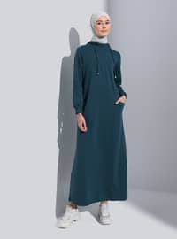 Hooded Pocket Detailed Modest Dress Dark Green