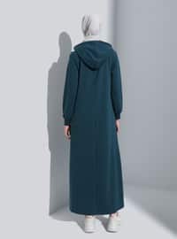 Hooded Pocket Detailed Modest Dress Dark Green