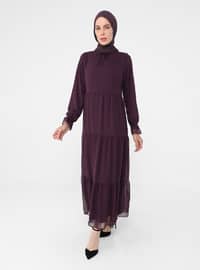 Purple - Crew neck - Fully Lined - Modest Dress