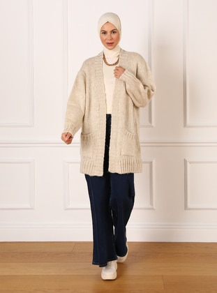 Knit Cardigan with Pockets - Pearl White - Refka Casual