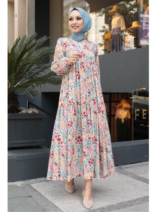Flamini Flower Patterned Cotton Beige Dress