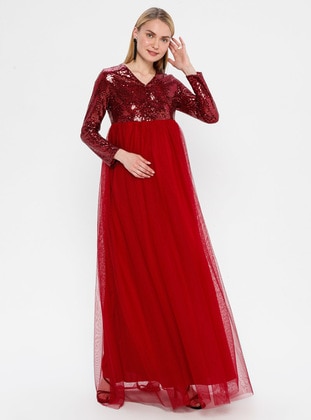 Red - Fully Lined - V neck Collar - Red - Fully Lined - V neck Collar - Maternity Evening Dress - Moda Labio