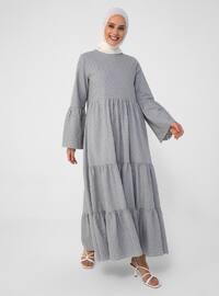 Gray - Crew neck - Fully Lined - Cotton - Modest Dress