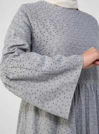 Gray - Crew neck - Fully Lined - Cotton - Modest Dress