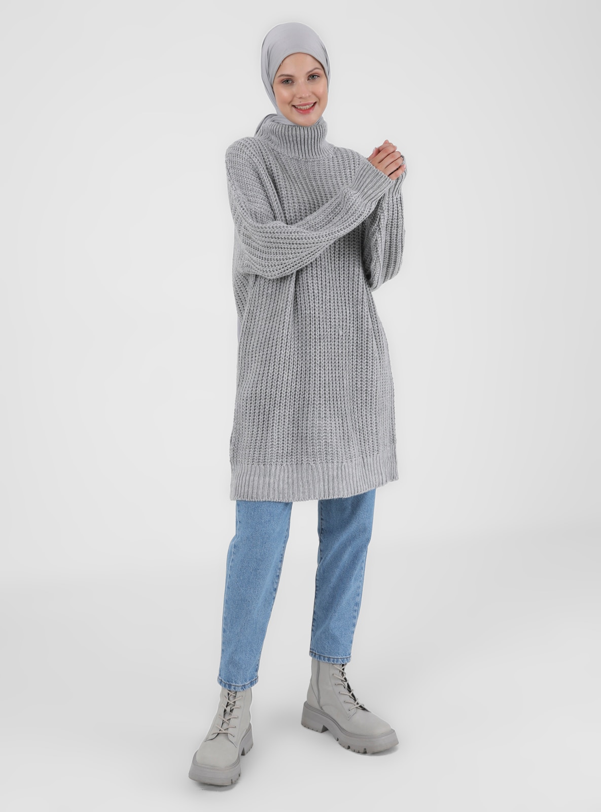 Gray - Polo neck - Unlined - Knit Tunics