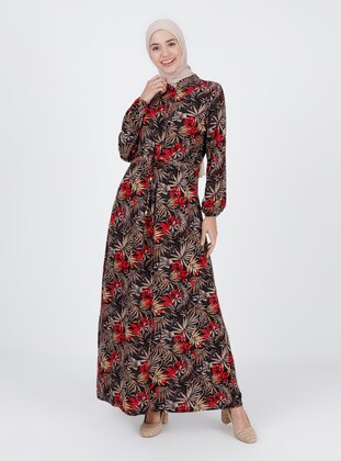 Black - Floral - Crew neck - Unlined - Modest Dress - Ginezza