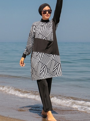 Black - Stripe - Full Coverage Swimsuit Burkini - Marina Mayo
