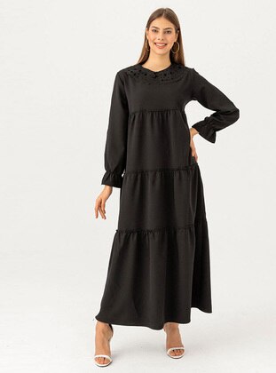 Black - Round Collar - Unlined - Cotton -  - Modest Dress - Tofisa