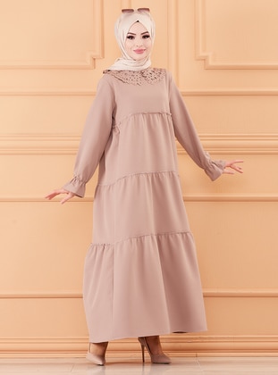 Mink - Round Collar - Unlined - Cotton -  - Modest Dress - Tofisa