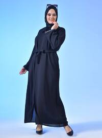 Black - Unlined - Crew neck - Cotton - Plus Size Abaya