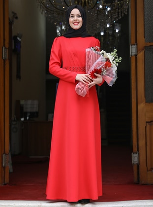 Red - Unlined - Crew neck - Modest Evening Dress - Esmaca