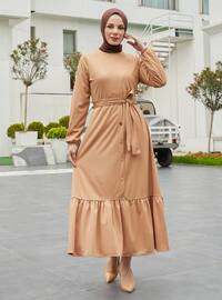 Belt Detailed Modest Dress Latte Color