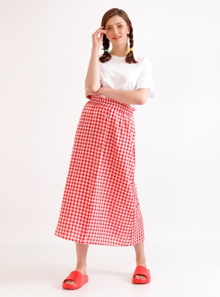 Red - Checkered - Lyocell - Viscose - Skirt