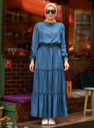 Dark Blue - Point Collar - Unlined - Denim - Modest Dress - Neways