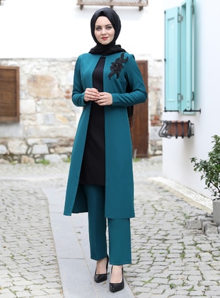 Zümra Tunic&Pants Two Piece Hijab Evening Dresses Set Petrol Blue