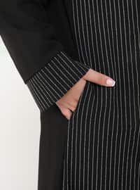 Black - Stripe - Unlined - Crew neck - Plus Size Coat