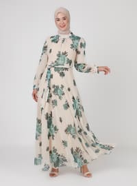 Green - Floral - Crew neck - Fully Lined - Modest Dress