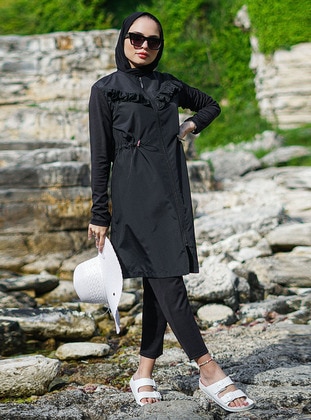 Black - Multi - Fully Lined - Full Coverage Swimsuit Burkini - Minel Mayo