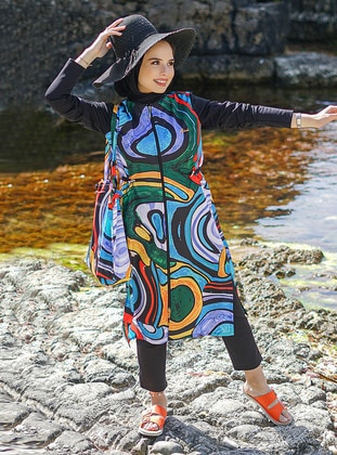 Green - Multi - Fully Lined - Full Coverage Swimsuit Burkini - Minel Mayo