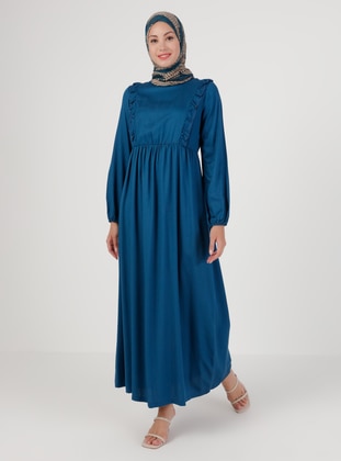 Petrol - Floral - Crew neck - Unlined - Modest Dress - Ginezza