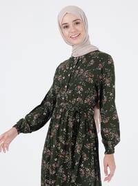 Floral Patterned Modest Dress With Elastic Waist Khaki