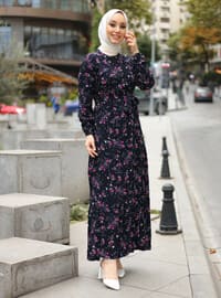 Floral Patterned Modest Dress With Elastic Waist Navy Blue