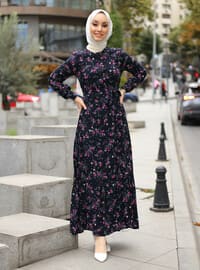 Floral Patterned Modest Dress With Elastic Waist Navy Blue