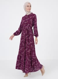 Floral Patterned Elastic Waist Dress Purple