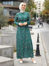 Floral Patterned Modest Dress With Elastic Waist Green