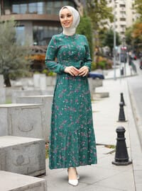 Floral Patterned Modest Dress With Elastic Waist Green