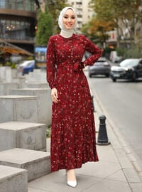Maroon - Floral - Crew neck - Unlined - Viscose - Modest Dress