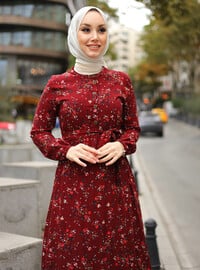 Maroon - Floral - Crew neck - Unlined - Viscose - Modest Dress