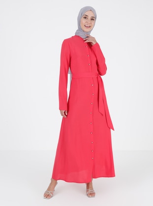 Fuchsia Modest Dress With Neck Buttons