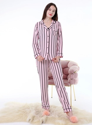 Pink - V neck Collar - Stripe - Pyjama Set - Ladymina Pijama