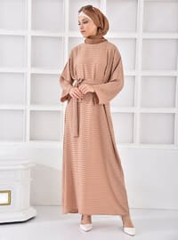 Camel - Crew neck - Unlined - Modest Dress